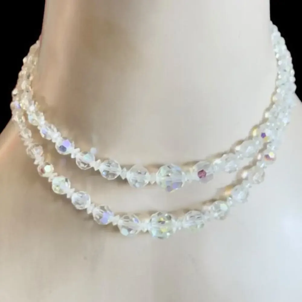 14” AB Crystal Czech Glass Double Strand Beaded Bib Necklace Vintage 1940’s